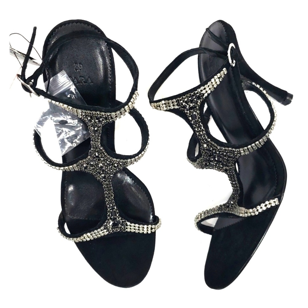 Zara Black Suede Rhinestone Sandals 8